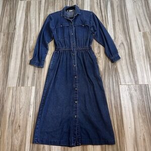 VTG 80's Dress Dark Wash Denim Jean Western Midi SZ 10‎ Twee Coastal Cowgirl